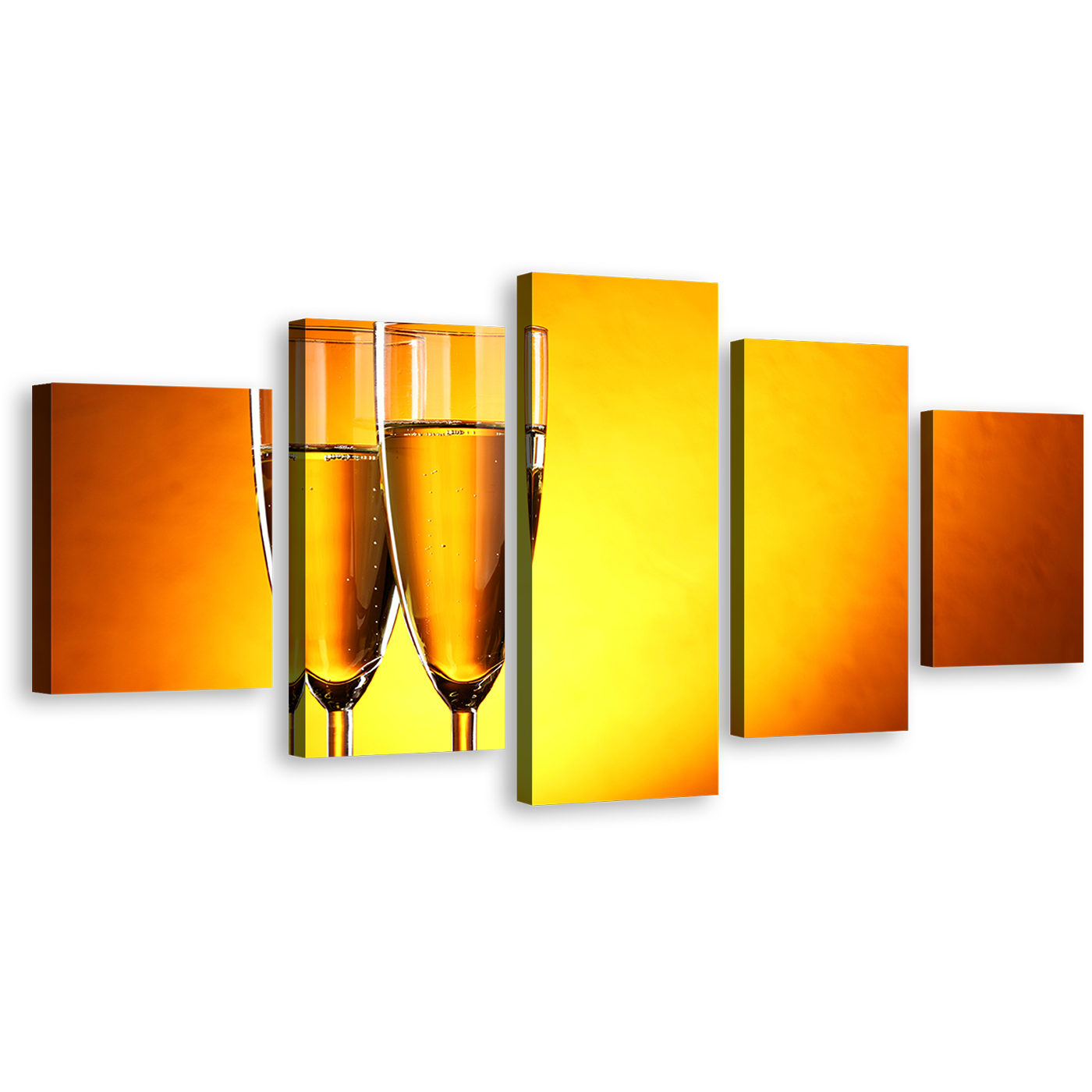 Champagne Drink Canvas Wall Art, Romantic Champagne Glasses Multi Canvas Artwork, Yellow Orange Alcohol Glasses 5 Piece Canvas Print