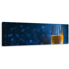 Load image into Gallery viewer, Champagne Glass Canvas Print, Yellow Champagne 1 Piece Canvas Wall Art, Blue Background Alcohol Wide Canvas Artwork
