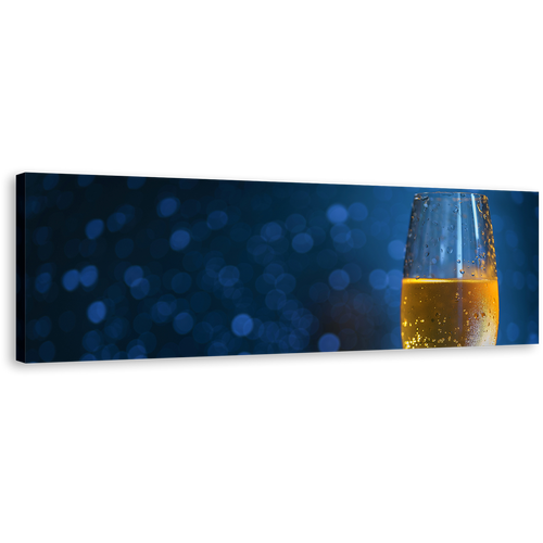 Champagne Glass Canvas Print, Yellow Champagne 1 Piece Canvas Wall Art, Blue Background Alcohol Wide Canvas Artwork