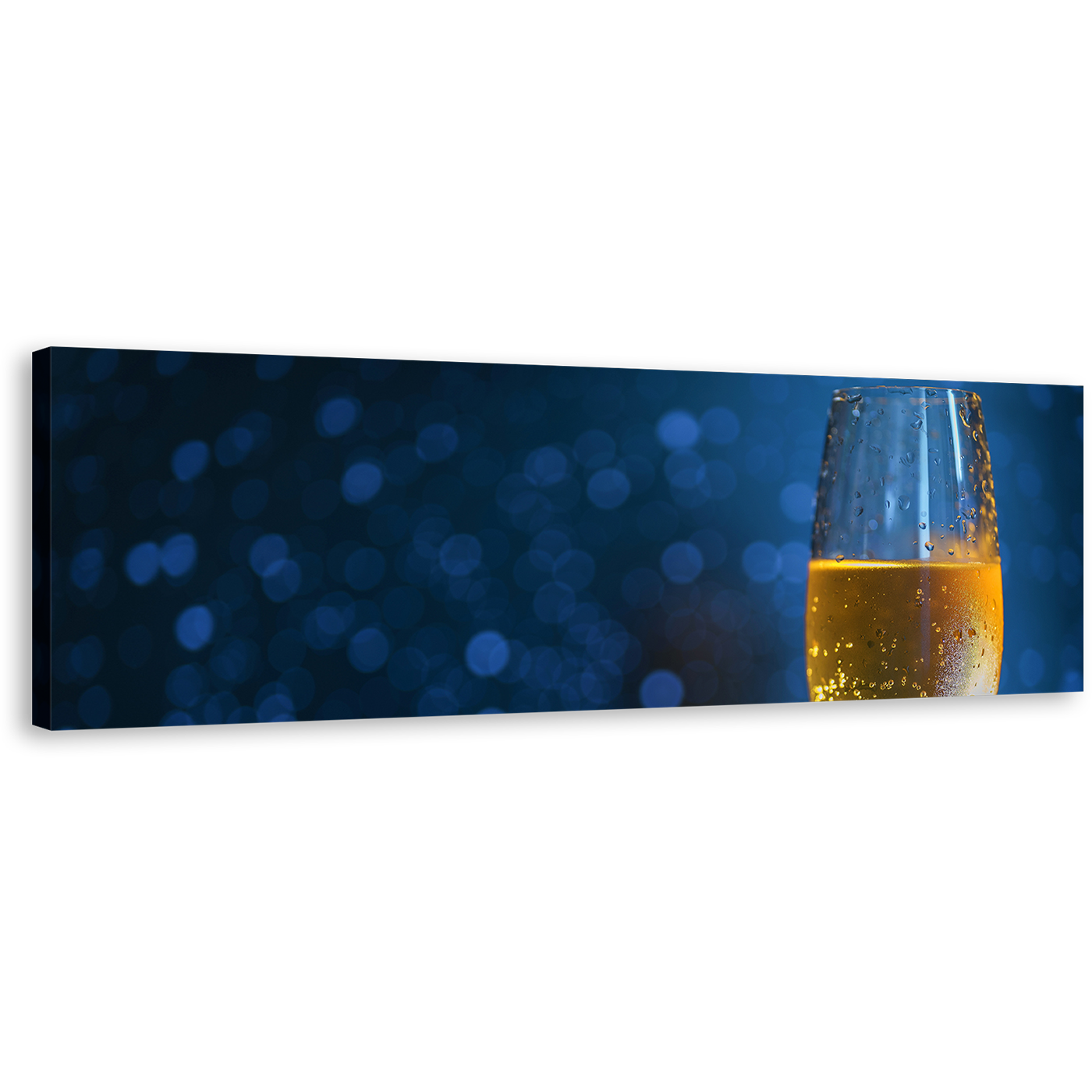 Champagne Glass Canvas Print, Yellow Champagne 1 Piece Canvas Wall Art, Blue Background Alcohol Wide Canvas Artwork