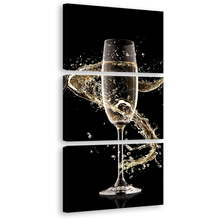 Load image into Gallery viewer, Champagne Glass Canvas Wall Art, Yellow Alcohol Splash Swirl Canvas Print, Black Background Champagne With Splash 3 Piece Canvas
