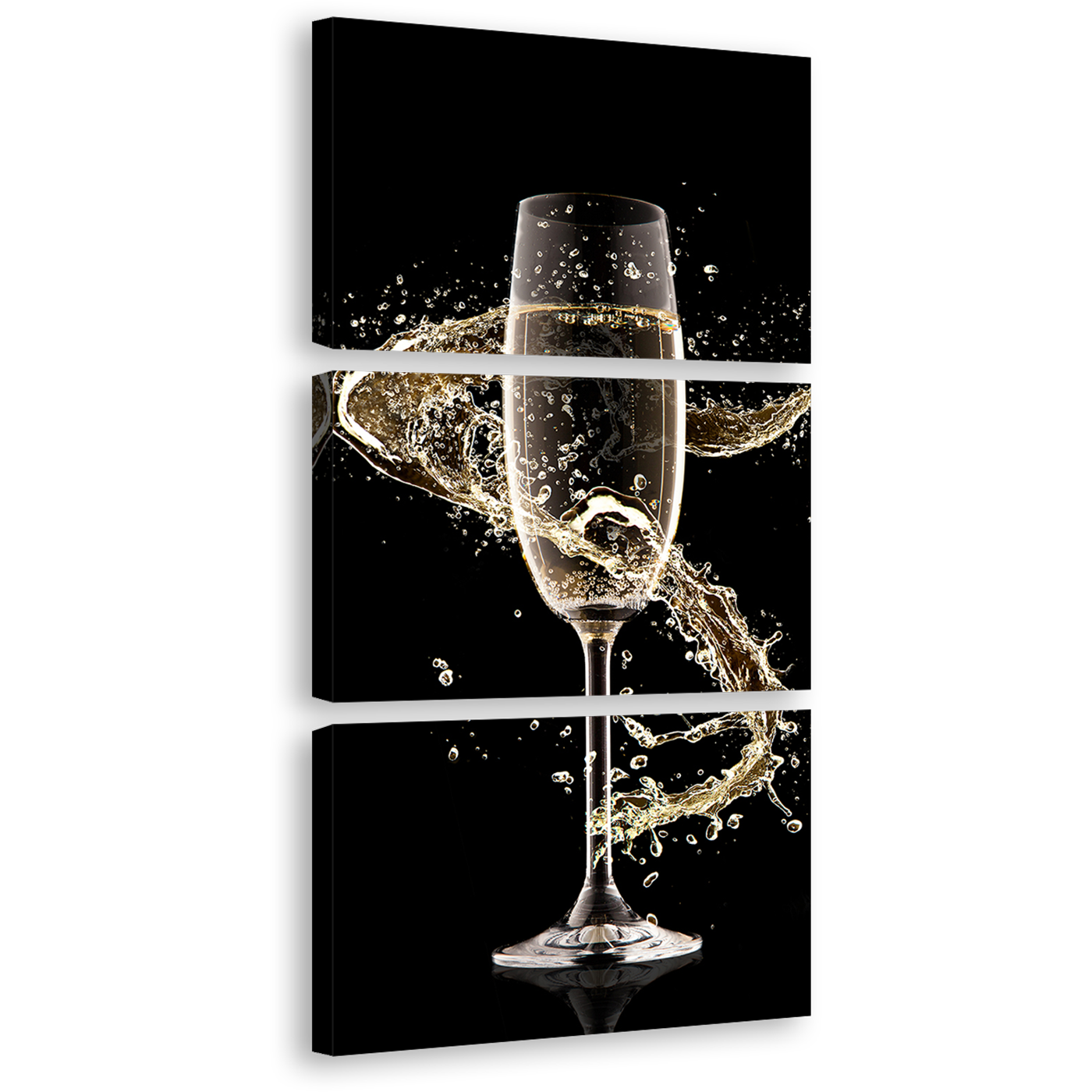 Champagne Glass Canvas Wall Art, Yellow Alcohol Splash Swirl Canvas Print, Black Background Champagne With Splash 3 Piece Canvas