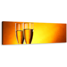 Load image into Gallery viewer, Champagne Glasses Canvas Print, Romantic Orange Champagne Glasses Panoramic Canvas Wall Art, Yellow Alcohol Glasses Canvas Artwork
