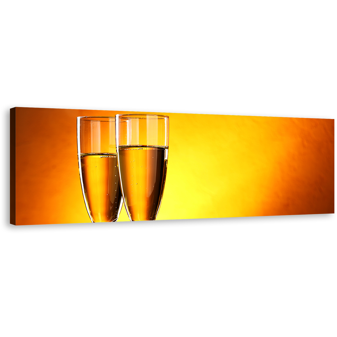 Champagne Glasses Canvas Print, Romantic Orange Champagne Glasses Panoramic Canvas Wall Art, Yellow Alcohol Glasses Canvas Artwork