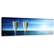 Load image into Gallery viewer, Champagne Glasses Canvas Wall Art, Blue Ocean Sky 1 Piece Canvas Artwork, White Clouds Champagne Drink Canvas Print
