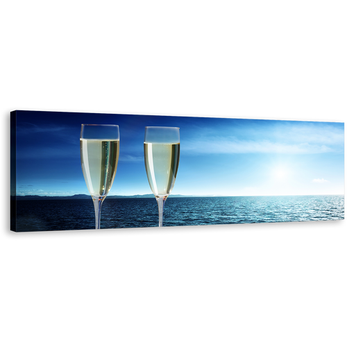 Champagne Glasses Canvas Wall Art, Blue Ocean Sky 1 Piece Canvas Artwork, White Clouds Champagne Drink Canvas Print