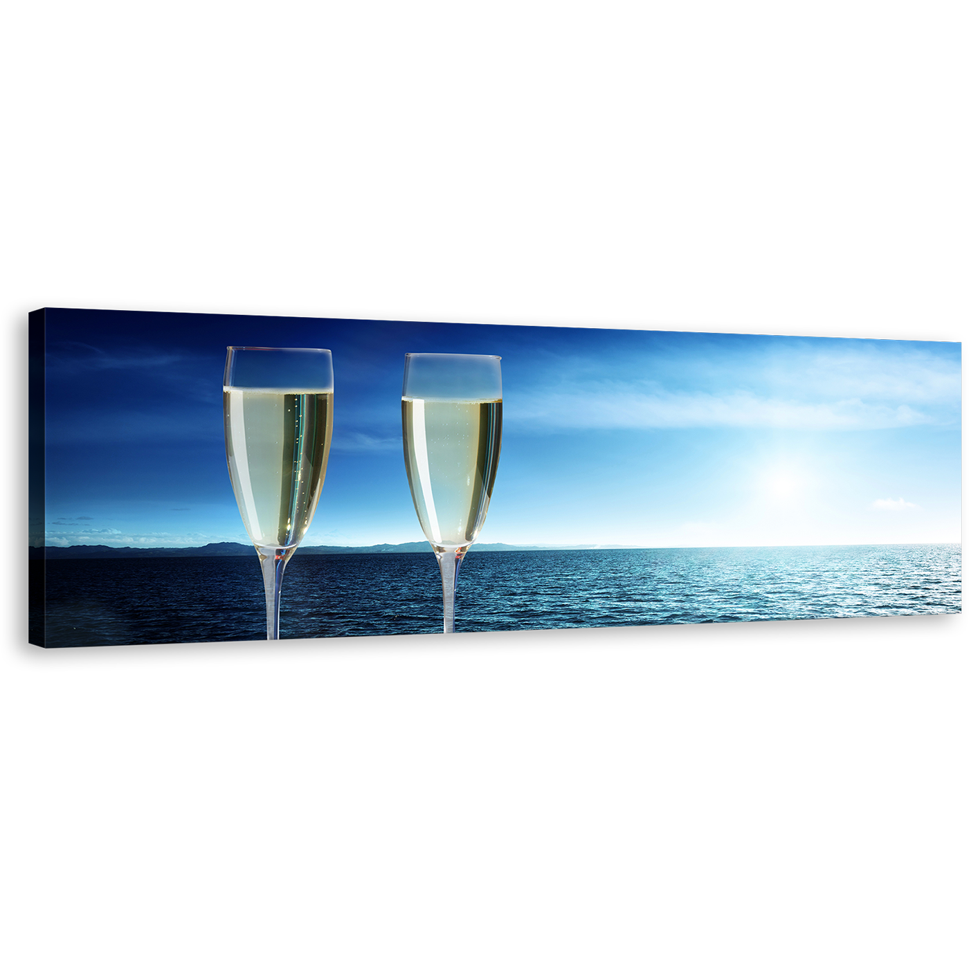 Champagne Glasses Canvas Wall Art, Blue Ocean Sky 1 Piece Canvas Artwork, White Clouds Champagne Drink Canvas Print