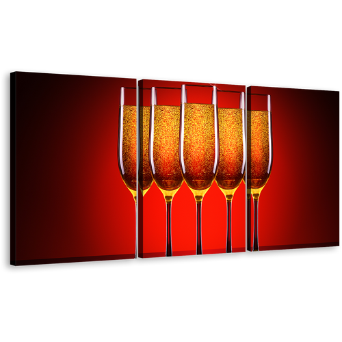 Champagne Glasses Canvas Wall Art, Champagne Celebration Canvas Set, Luxury Orange Red Champagne Glasses 3 Piece Canvas Print