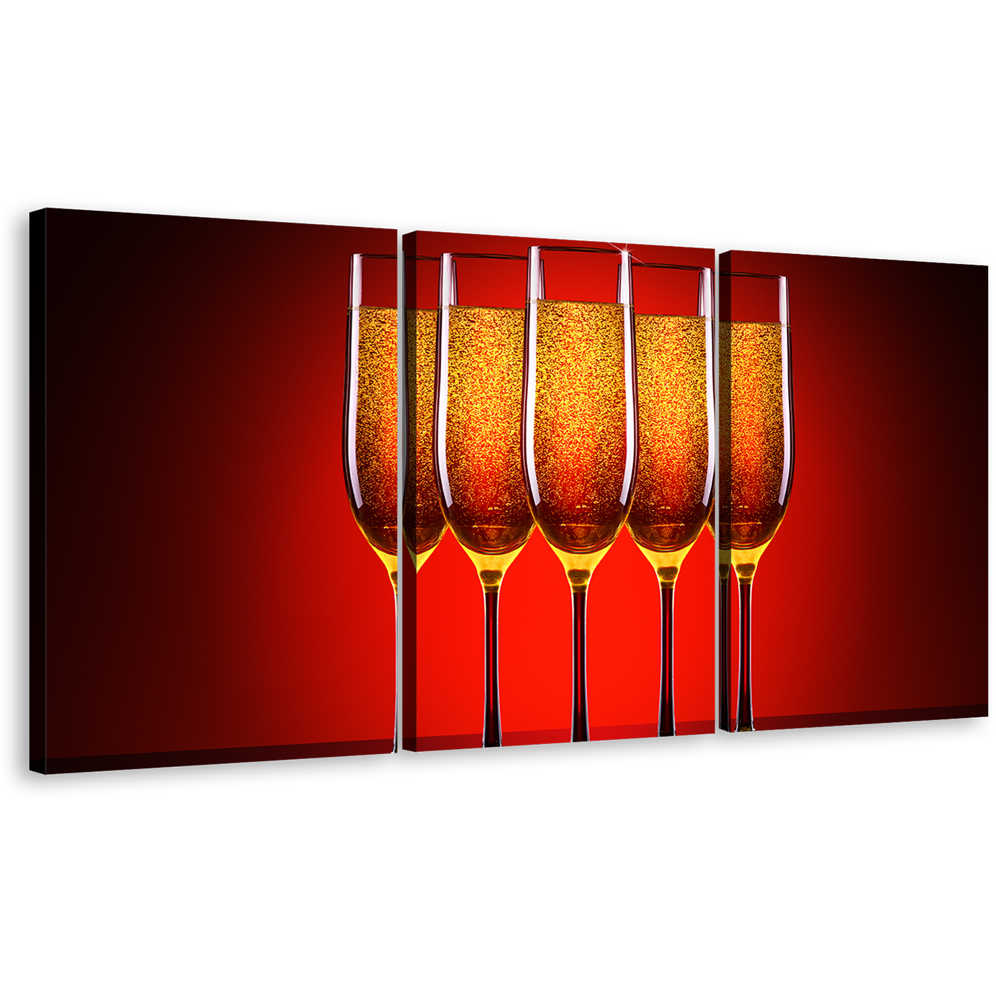 Champagne Glasses Canvas Wall Art, Champagne Celebration Canvas Set, Luxury Orange Red Champagne Glasses 3 Piece Canvas Print