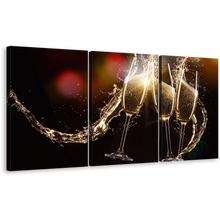 Load image into Gallery viewer, Champagne Glasses Canvas Wall Art, Yellow Champagne Liquid Burst Multiple Canvas, Red Abstract Champagne Splash 3 Piece Canvas Print
