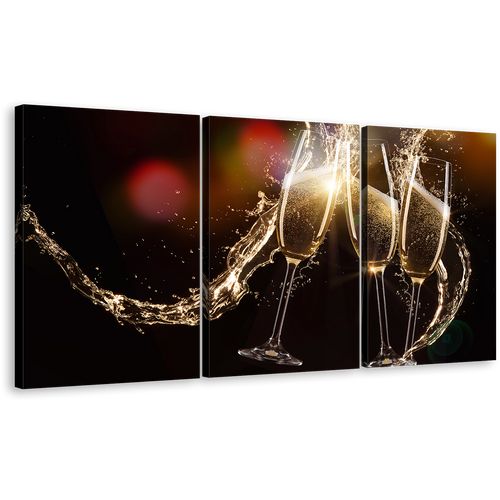 Champagne Glasses Canvas Wall Art, Yellow Champagne Liquid Burst Multiple Canvas, Red Abstract Champagne Splash 3 Piece Canvas Print