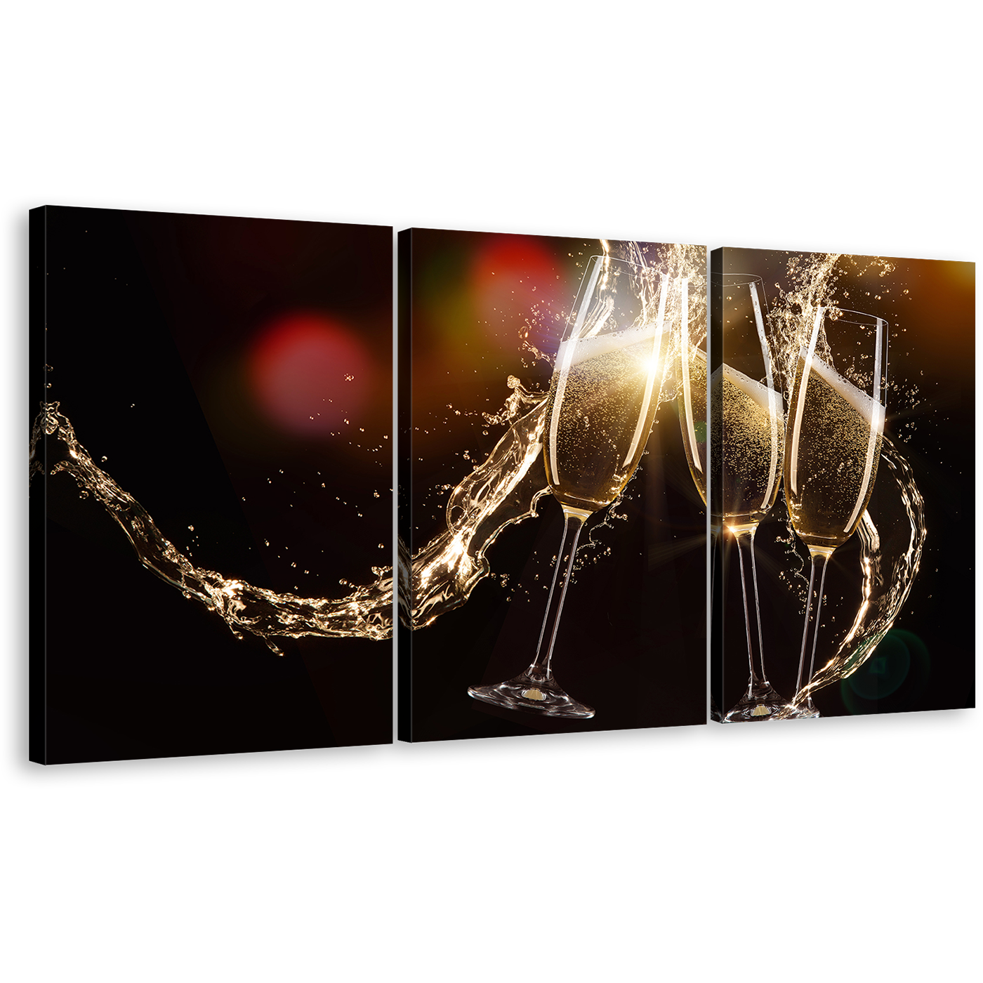 Champagne Glasses Canvas Wall Art, Yellow Champagne Liquid Burst Multiple Canvas, Red Abstract Champagne Splash 3 Piece Canvas Print