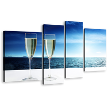 Load image into Gallery viewer, Champagne Ocean Canvas Wall Art, Blue Sea Champagne Glasses View Multi Canvas, Cloudy White Ocean Sky Drink Glasses Triptych Canvas Print
