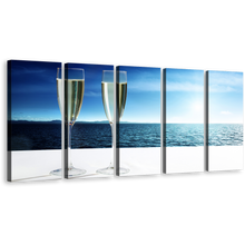 Load image into Gallery viewer, Champagne Sea Canvas Print, Champagne White Cloudy Sky 5 Piece Canvas Wall Art, Drink Glasses Blue Ocean View Multi Panel Canvas
