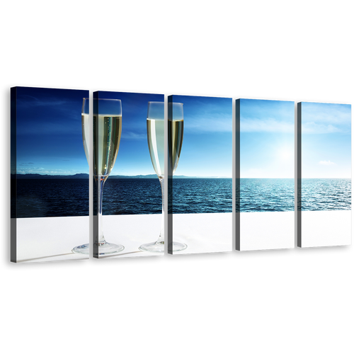 Champagne Sea Canvas Print, Champagne White Cloudy Sky 5 Piece Canvas Wall Art, Drink Glasses Blue Ocean View Multi Panel Canvas