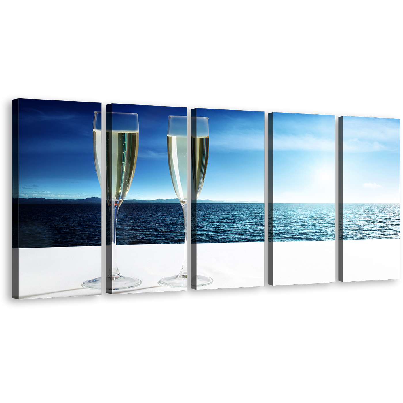 Champagne Sea Canvas Print, Champagne White Cloudy Sky 5 Piece Canvas Wall Art, Drink Glasses Blue Ocean View Multi Panel Canvas