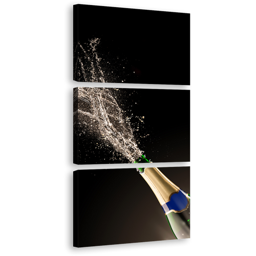 Champagne Splash Canvas Print, Champagne Exploding 3 Piece Canvas Wall Art, Green Blue Champagne Bottle Triptych Multi Canvas