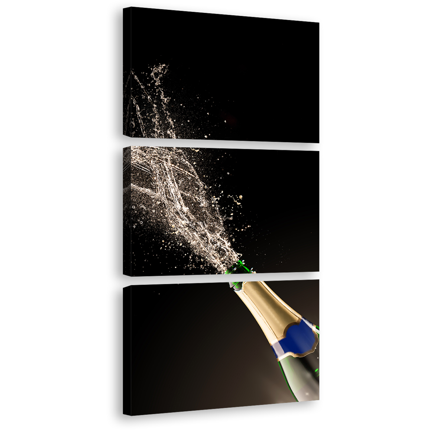 Champagne Splash Canvas Print, Champagne Exploding 3 Piece Canvas Wall Art, Green Blue Champagne Bottle Triptych Multi Canvas