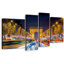 Load image into Gallery viewer, Champs Elysees Canvas Print, Paris City Night 4 Piece Canvas, France Blue Yellow Light Trails Canvas Set, Arc de Triomphe Canvas Wall Art
