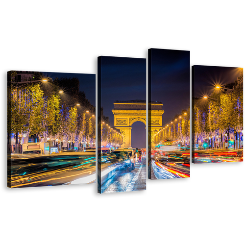 Champs Elysees Canvas Print, Paris City Night 4 Piece Canvas, France Blue Yellow Light Trails Canvas Set, Arc de Triomphe Canvas Wall Art