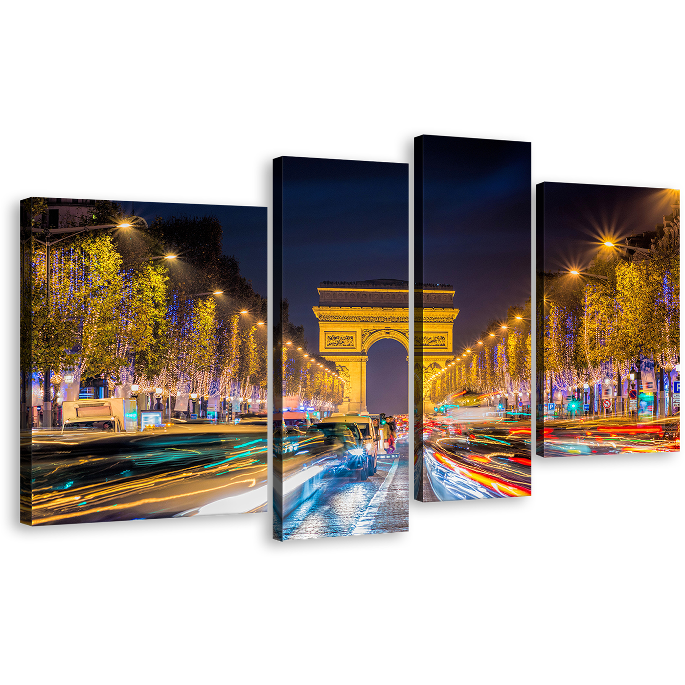 Champs Elysees Canvas Print, Paris City Night 4 Piece Canvas, France Blue Yellow Light Trails Canvas Set, Arc de Triomphe Canvas Wall Art