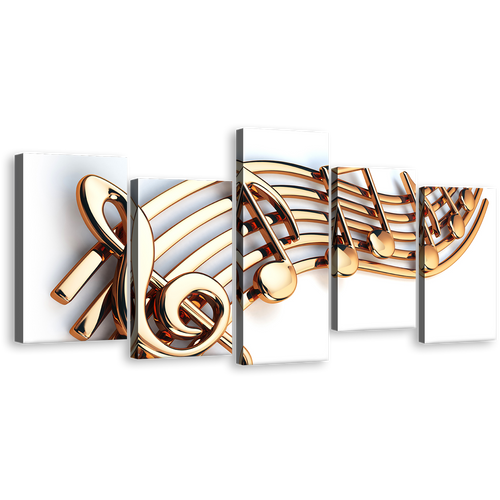 Charming Design Canvas Print, Gold Bright 3D Music Notes Canvas Wall Art, Music White Background 5 Piece Canvas