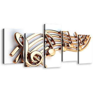 Charming Design Canvas Print, Gold Bright 3D Music Notes Canvas Wall Art, Music White Background 5 Piece Canvas