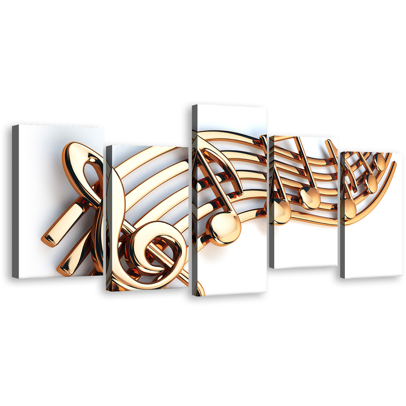 Charming Design Canvas Print, Gold Bright 3D Music Notes Canvas Wall Art, Music White Background 5 Piece Canvas