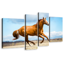 Load image into Gallery viewer, Chestnut Horse Canvas Wall Art, Blue Sky Horse Gallop 4 Piece Multiple Canvas, Brown Horse Runs Across Field Multiple Canvas
