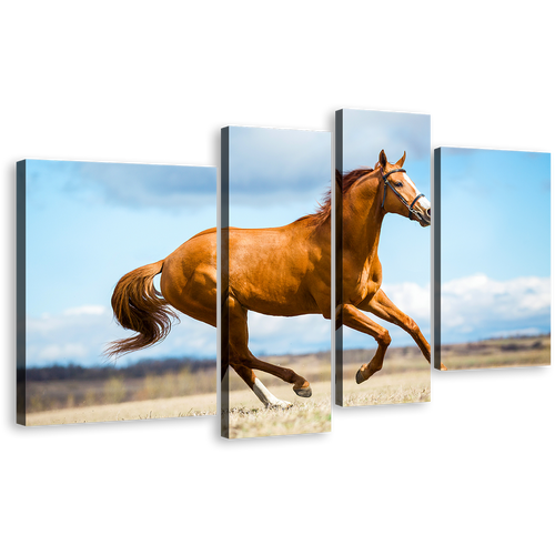 Chestnut Horse Canvas Wall Art, Blue Sky Horse Gallop 4 Piece Multiple Canvas, Brown Horse Runs Across Field Multiple Canvas