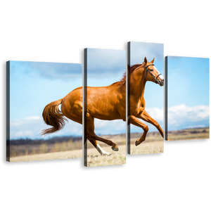 Chestnut Horse Canvas Wall Art, Blue Sky Horse Gallop 4 Piece Multiple Canvas, Brown Horse Runs Across Field Multiple Canvas