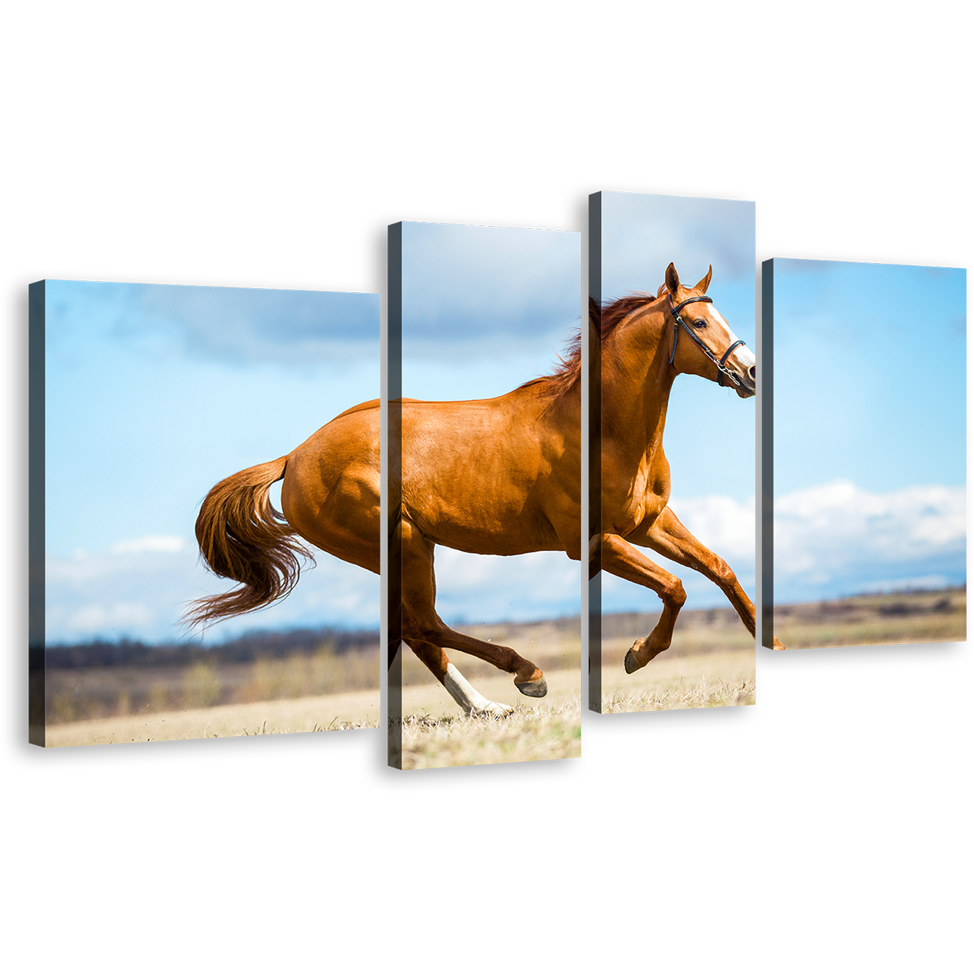 Chestnut Horse Canvas Wall Art, Blue Sky Horse Gallop 4 Piece Multiple Canvas, Brown Horse Runs Across Field Multiple Canvas