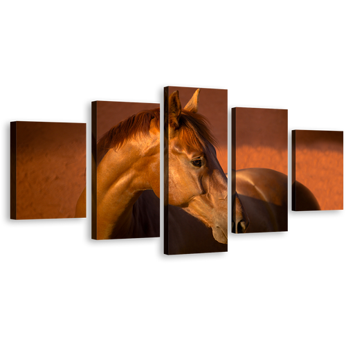 Chestnut Horse Canvas Wall Art, Brown Gelding Horse 5 Piece Multi Canvas Artwork, Elegant Horse in Orange Field Canvas Print