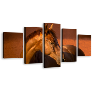Chestnut Horse Canvas Wall Art, Brown Gelding Horse 5 Piece Multi Canvas Artwork, Elegant Horse in Orange Field Canvas Print