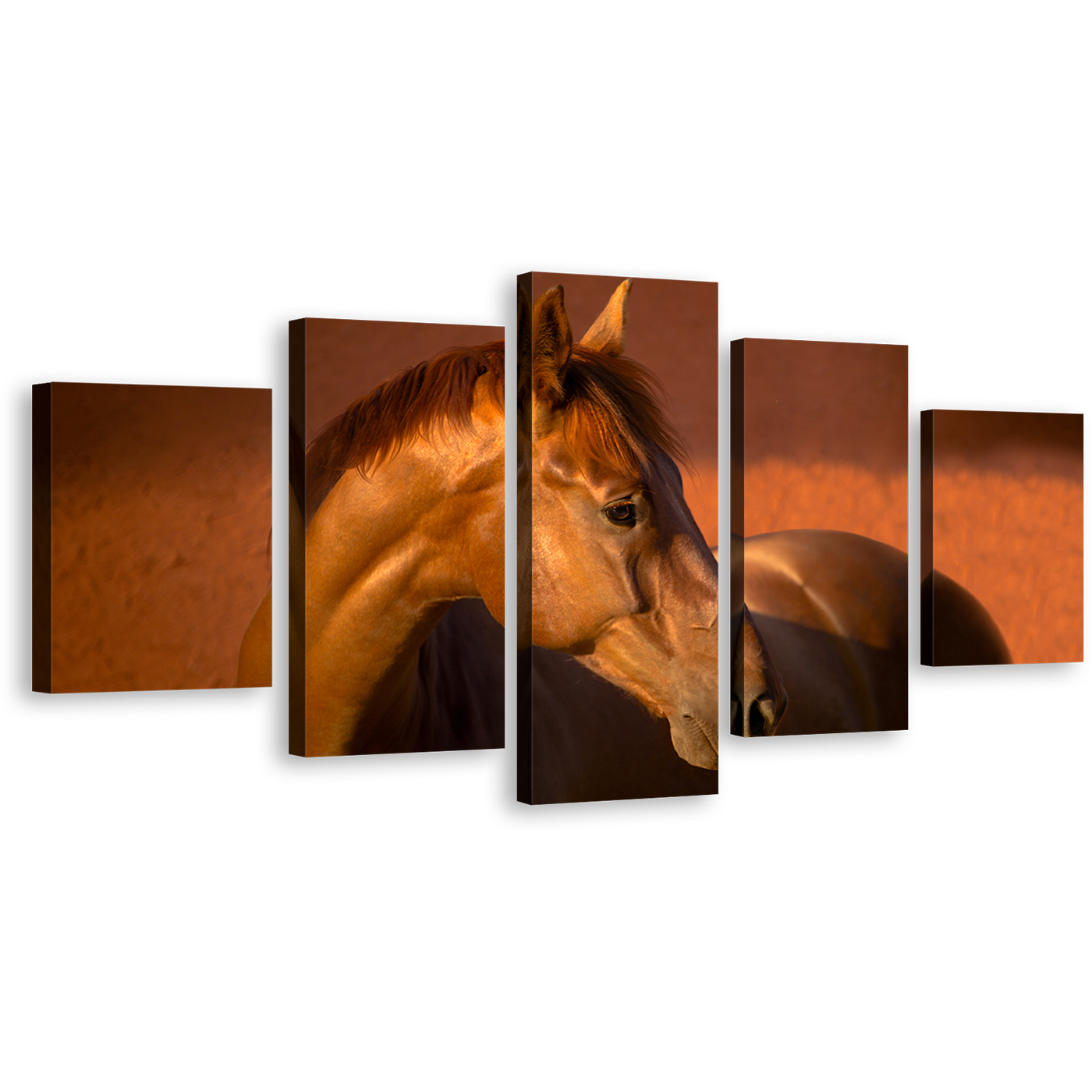 Chestnut Horse Canvas Wall Art, Brown Gelding Horse 5 Piece Multi Canvas Artwork, Elegant Horse in Orange Field Canvas Print