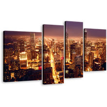 Load image into Gallery viewer, Chicago Downtown Canvas Wall Art, Purple Aerial City View Multiple Canvas, Yellow City Skyline 4 Piece Canvas Print
