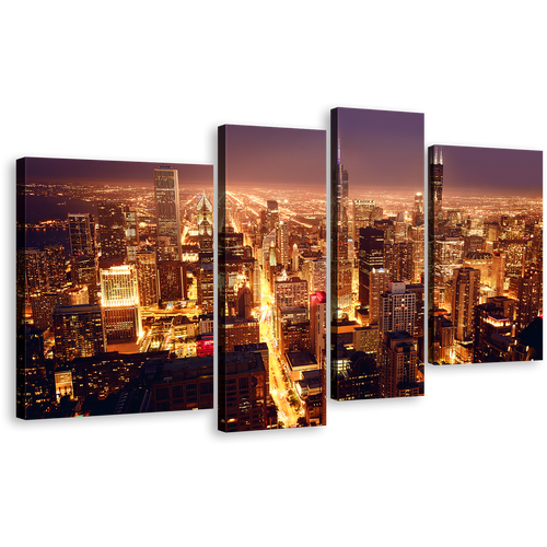 Chicago Downtown Canvas Wall Art, Purple Aerial City View Multiple Canvas, Yellow City Skyline 4 Piece Canvas Print