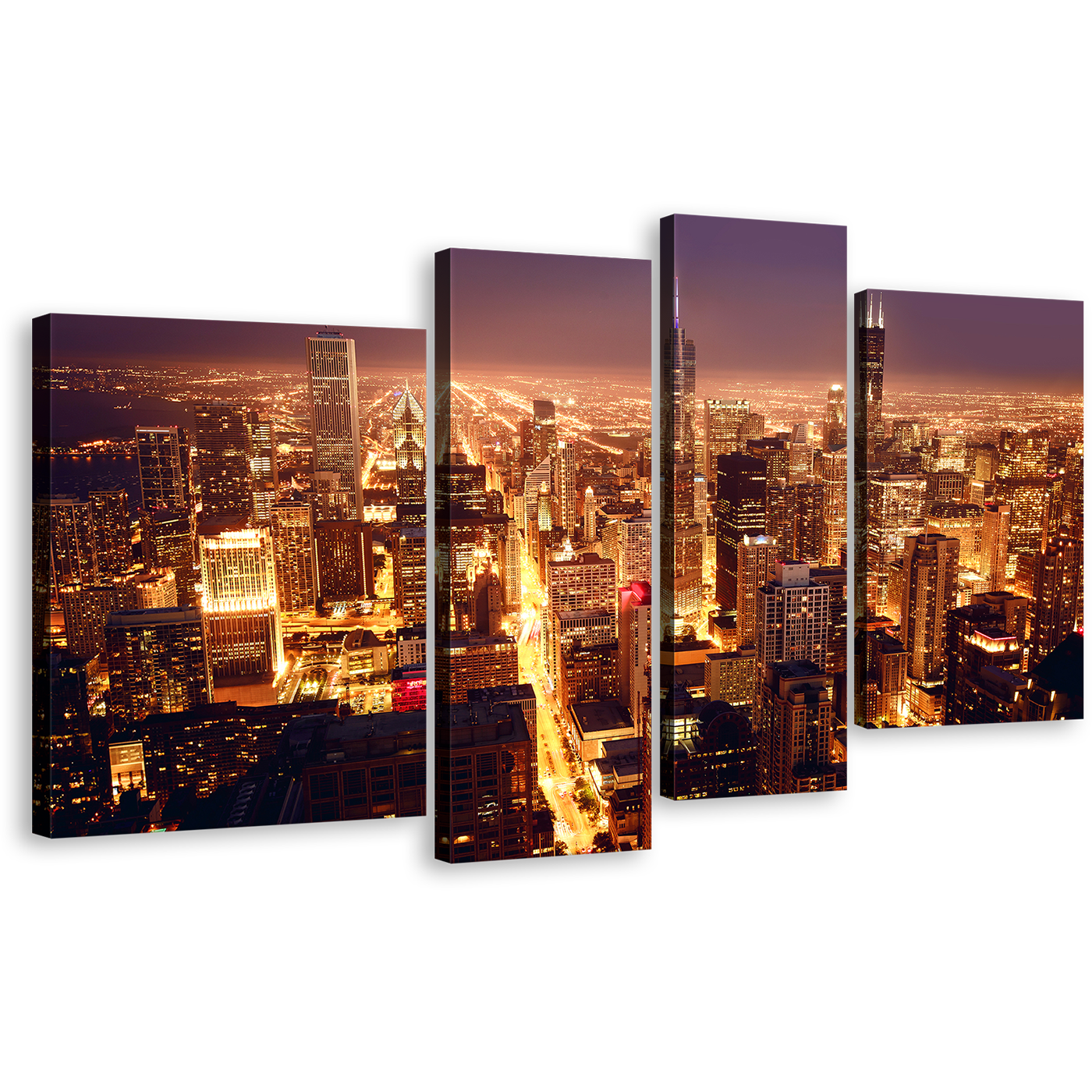 Chicago Downtown Canvas Wall Art, Purple Aerial City View Multiple Canvas, Yellow City Skyline 4 Piece Canvas Print