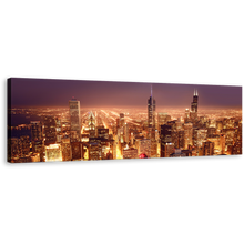 Load image into Gallery viewer, Chicago Skyline Canvas Print, Yellow Bright Night City Panoramic Canvas, Purple Chicago Downtown Aerial View Canvas Wall Art
