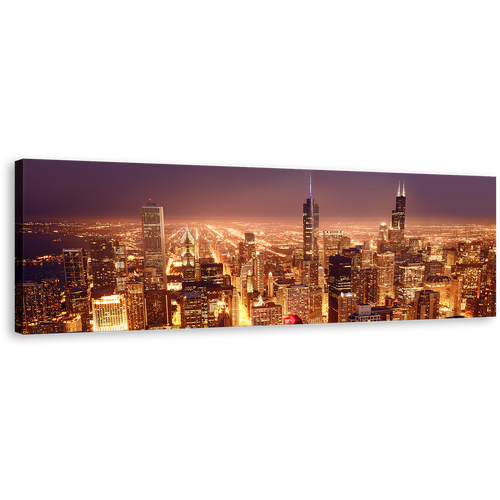 Chicago Skyline Canvas Print, Yellow Bright Night City Panoramic Canvas, Purple Chicago Downtown Aerial View Canvas Wall Art