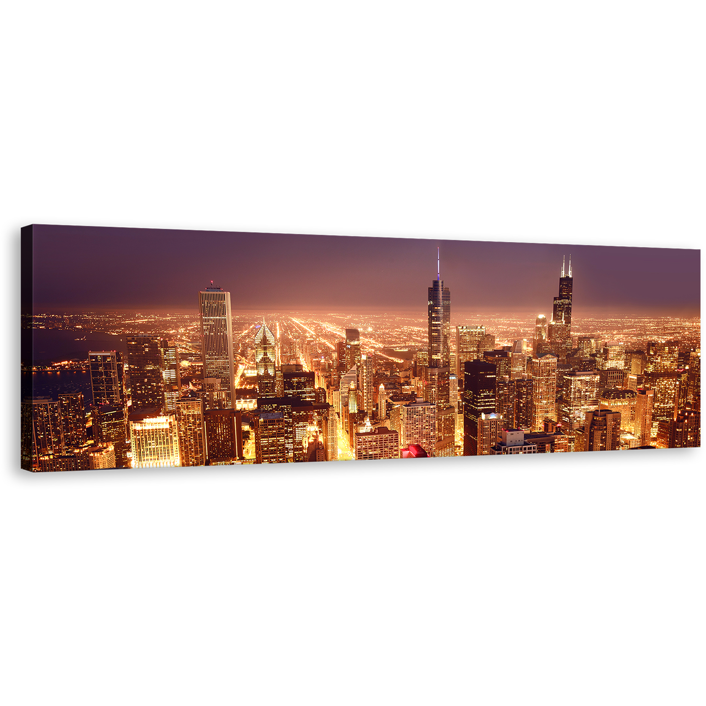 Chicago Skyline Canvas Print, Yellow Bright Night City Panoramic Canvas, Purple Chicago Downtown Aerial View Canvas Wall Art