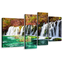 Load image into Gallery viewer, China Waterfall Canvas Wall Art, Fall Woods Waterfall 4 Piece Canvas, Colorful Azure Lake Jiuzhaigou Nature Waterfall Canvas Print
