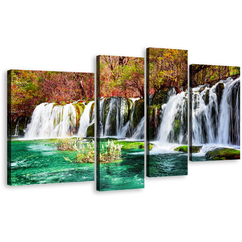 China Waterfall Canvas Wall Art, Fall Woods Waterfall 4 Piece Canvas, Colorful Azure Lake Jiuzhaigou Nature Waterfall Canvas Print