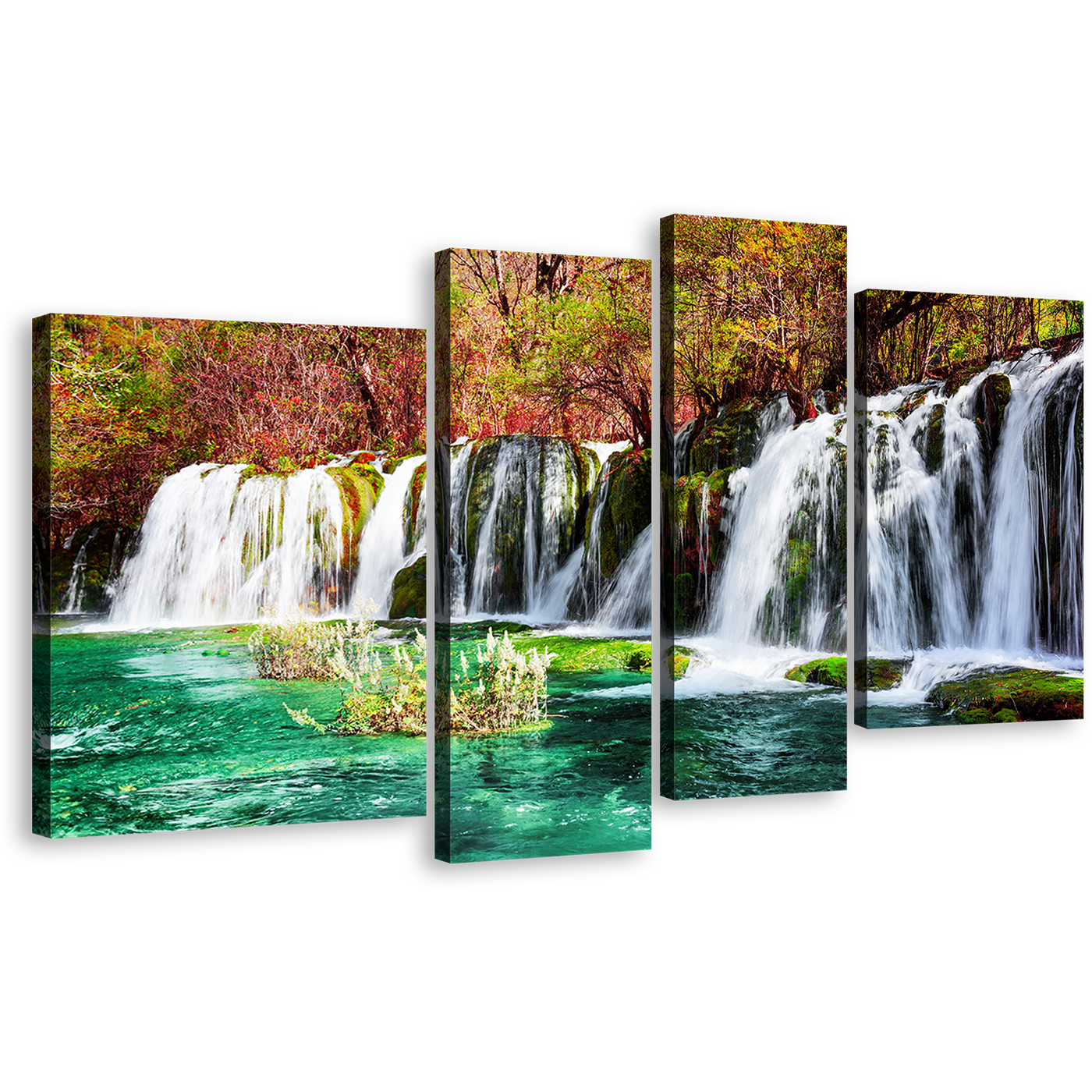 China Waterfall Canvas Wall Art, Fall Woods Waterfall 4 Piece Canvas, Colorful Azure Lake Jiuzhaigou Nature Waterfall Canvas Print