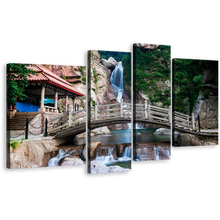 Load image into Gallery viewer, China Waterfall Canvas Wall Art, Green Shandong Nature 4 Piece Canvas Print, Qingdao Scenery Brown Wooden Bridge Canvas Set
