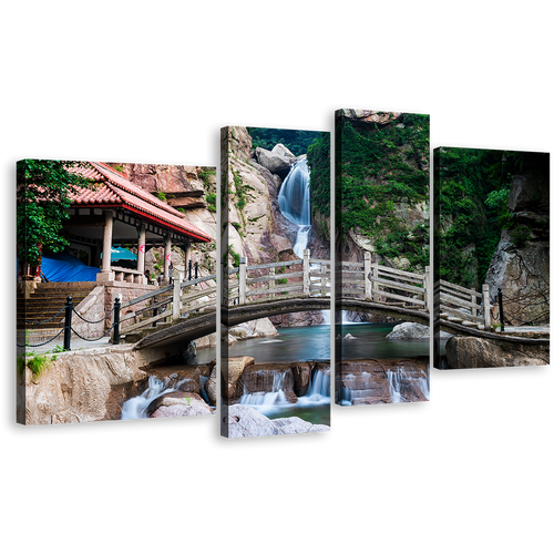 China Waterfall Canvas Wall Art, Green Shandong Nature 4 Piece Canvas Print, Qingdao Scenery Brown Wooden Bridge Canvas Set