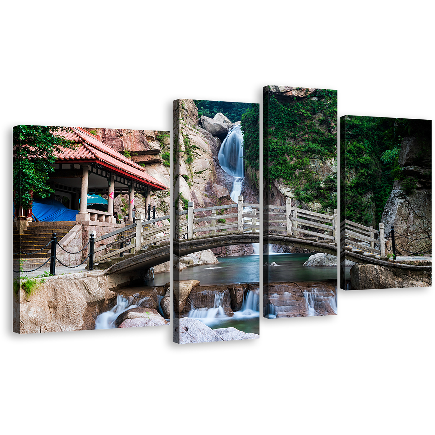 China Waterfall Canvas Wall Art, Green Shandong Nature 4 Piece Canvas Print, Qingdao Scenery Brown Wooden Bridge Canvas Set