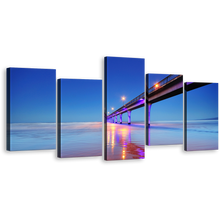 Load image into Gallery viewer, Christchurch Seascape Canvas Wall Art, Blue Sky New Brighton Pier Canvas Set, Purple Pier Lights Reflection Sea 5 Piece Canvas Print
