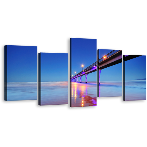 Christchurch Seascape Canvas Wall Art, Blue Sky New Brighton Pier Canvas Set, Purple Pier Lights Reflection Sea 5 Piece Canvas Print