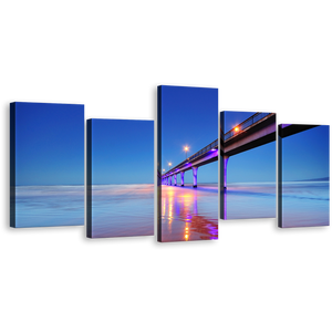 Christchurch Seascape Canvas Wall Art, Blue Sky New Brighton Pier Canvas Set, Purple Pier Lights Reflection Sea 5 Piece Canvas Print